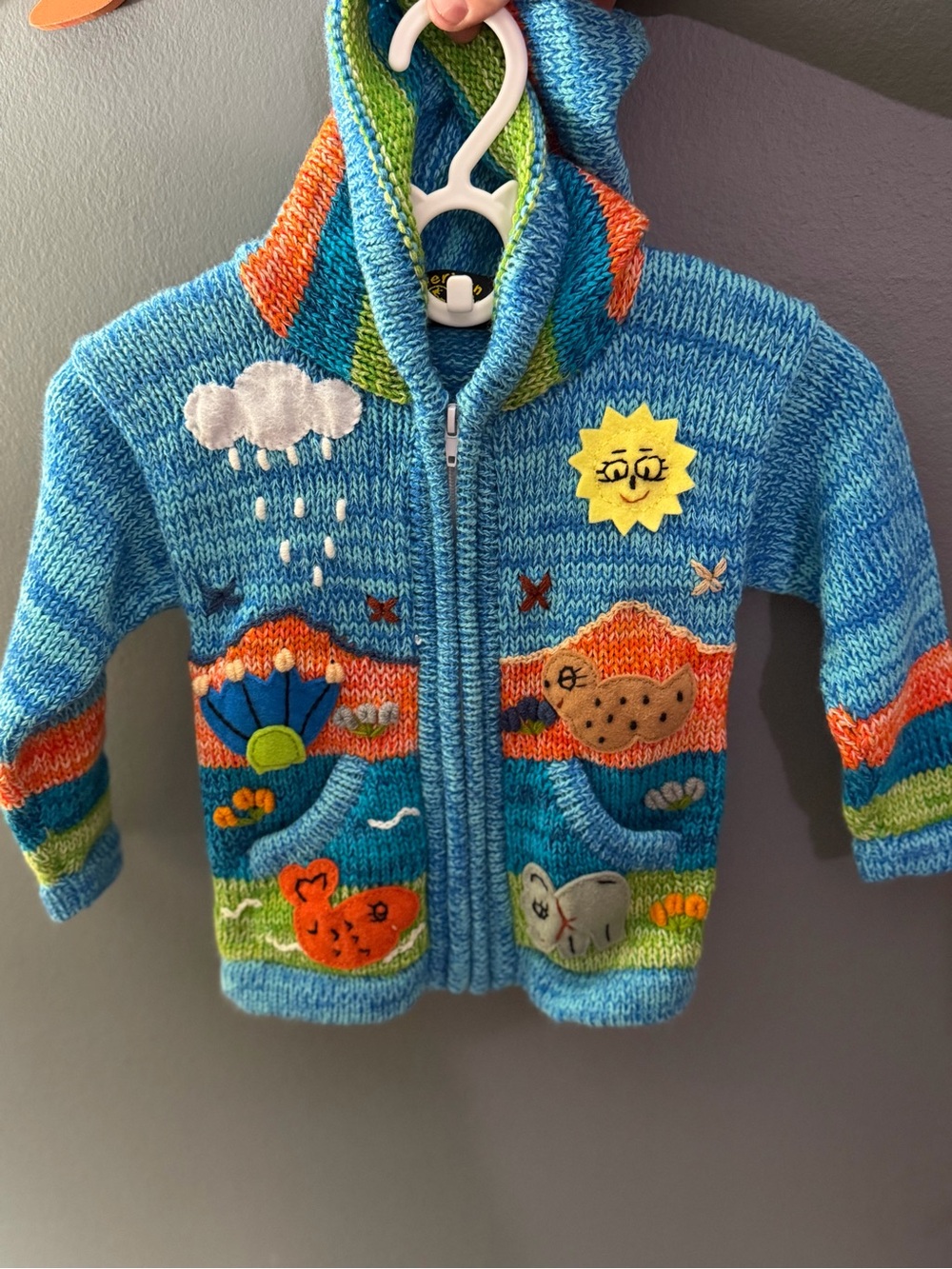 Kids Blue Knit Hooded Zip-Up Sweater with Ocean Appliqué